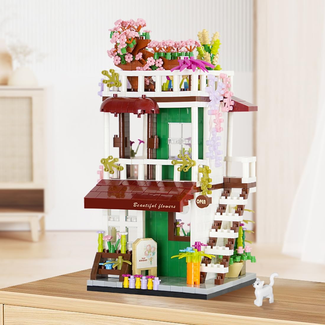 Juego de bloques de construcción de mini casa, MOC Street Store (1085 piezas), buena idea de regalo para niños y niñas (floristería)