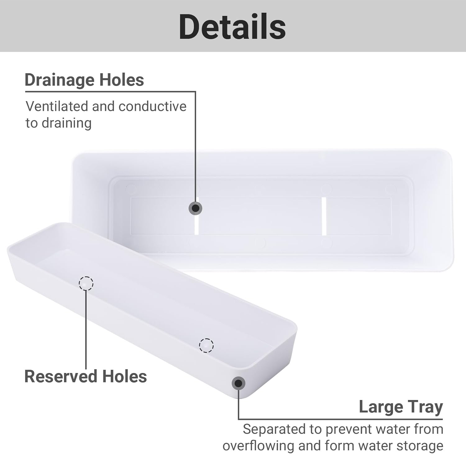 GREANER – Maceta con bandeja para hierbas, 12 x 3.8 pulgadas, maceta rectangular para ventana, para flores o suculentas en interiores, maceta de
