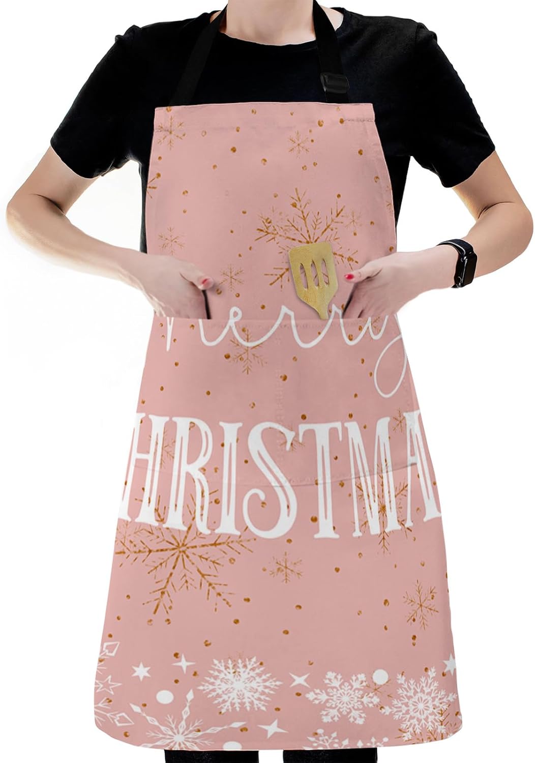 Merry Christmas Bib Aprons for Women With Pockets, Waterproof Canvas Chef Kitchen Cooking Apron for PaintingHair StylistNail TechnicianKids Arts And