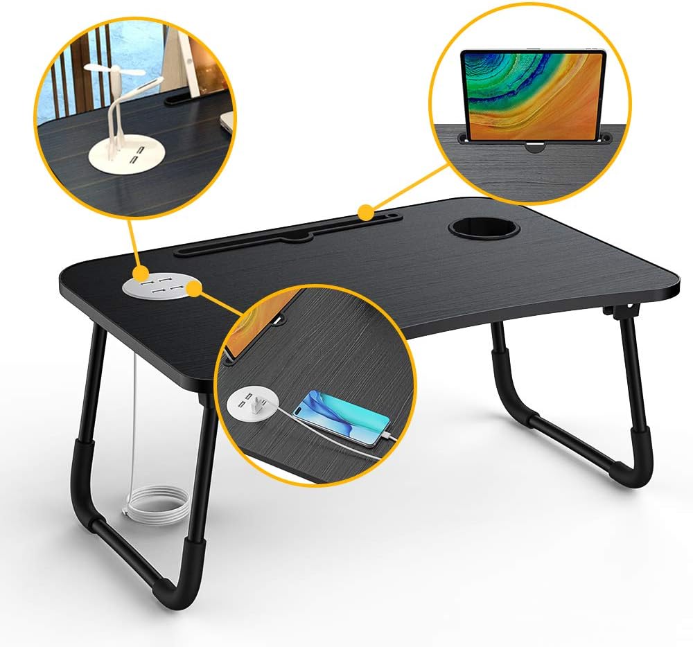 Elekin Escritorio plegable para laptop, escritorio portátil para laptop, mesa de trabajo, mesa de trabajo, bandeja de cama con 4 puertos USBsoporte