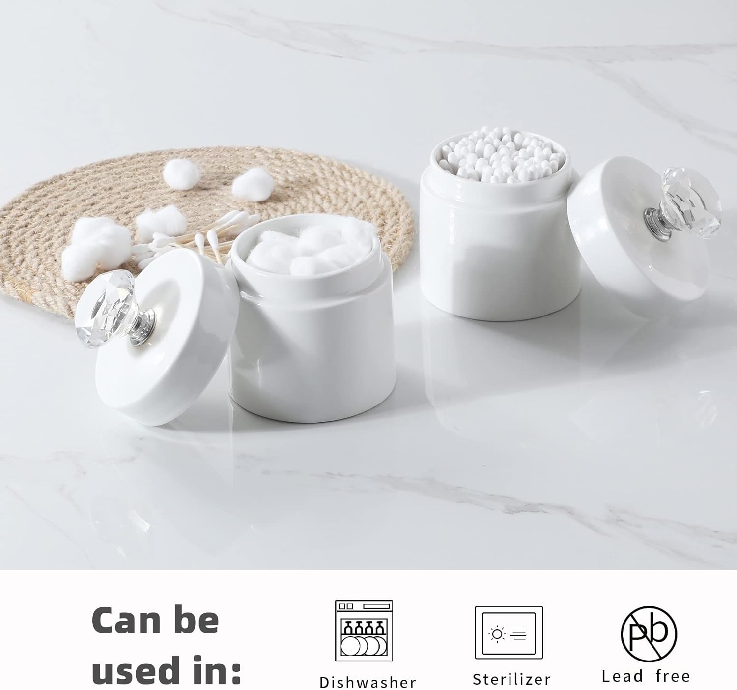 ONTUBE Organizador de hisopos de algodón de porcelana con tapa de cristal y fácil de limpiar, color blanco (tapa plateada, juego de 1)