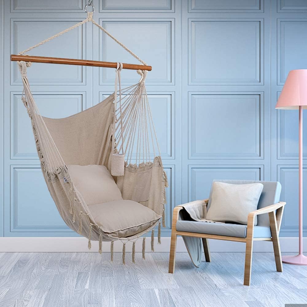 Silla hamaca XXL para colgar en interiores y exteriores, con bolsillo lateral, 2 cojines, bolsa de transporte, todos los accesorios para colgar,