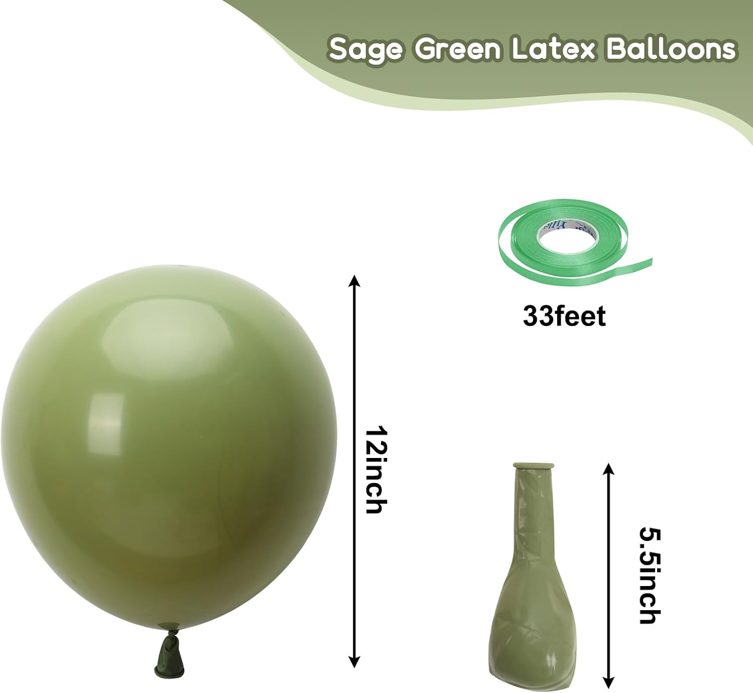 RUBFAC Globos de color verde salvia, 50 globos de fiesta y cinta de 12 pulgadas, globos de látex gruesos para cumpleaños, bodas, baby shower,