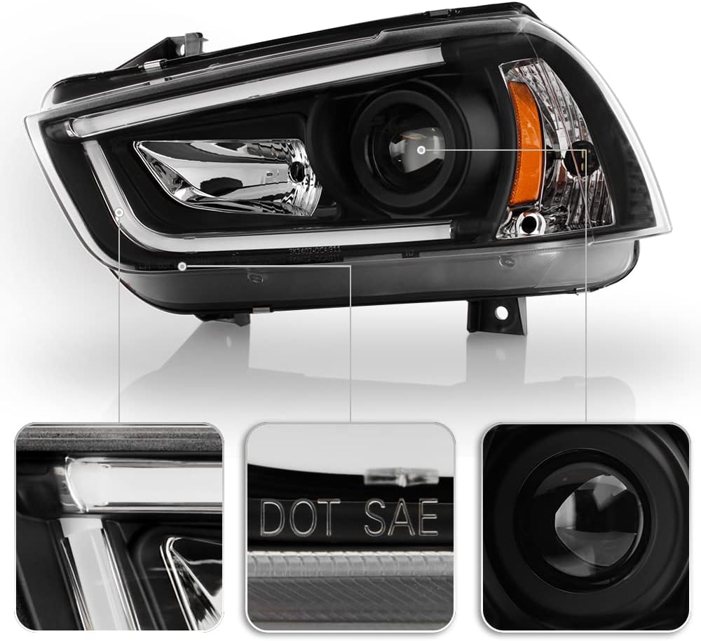 ACANII – Para modelo halógeno 2011-2014 Dodge Charger LED Tubo con proyector LED integrado Faros delanteros izquierdo+derecha, negro ónix con
