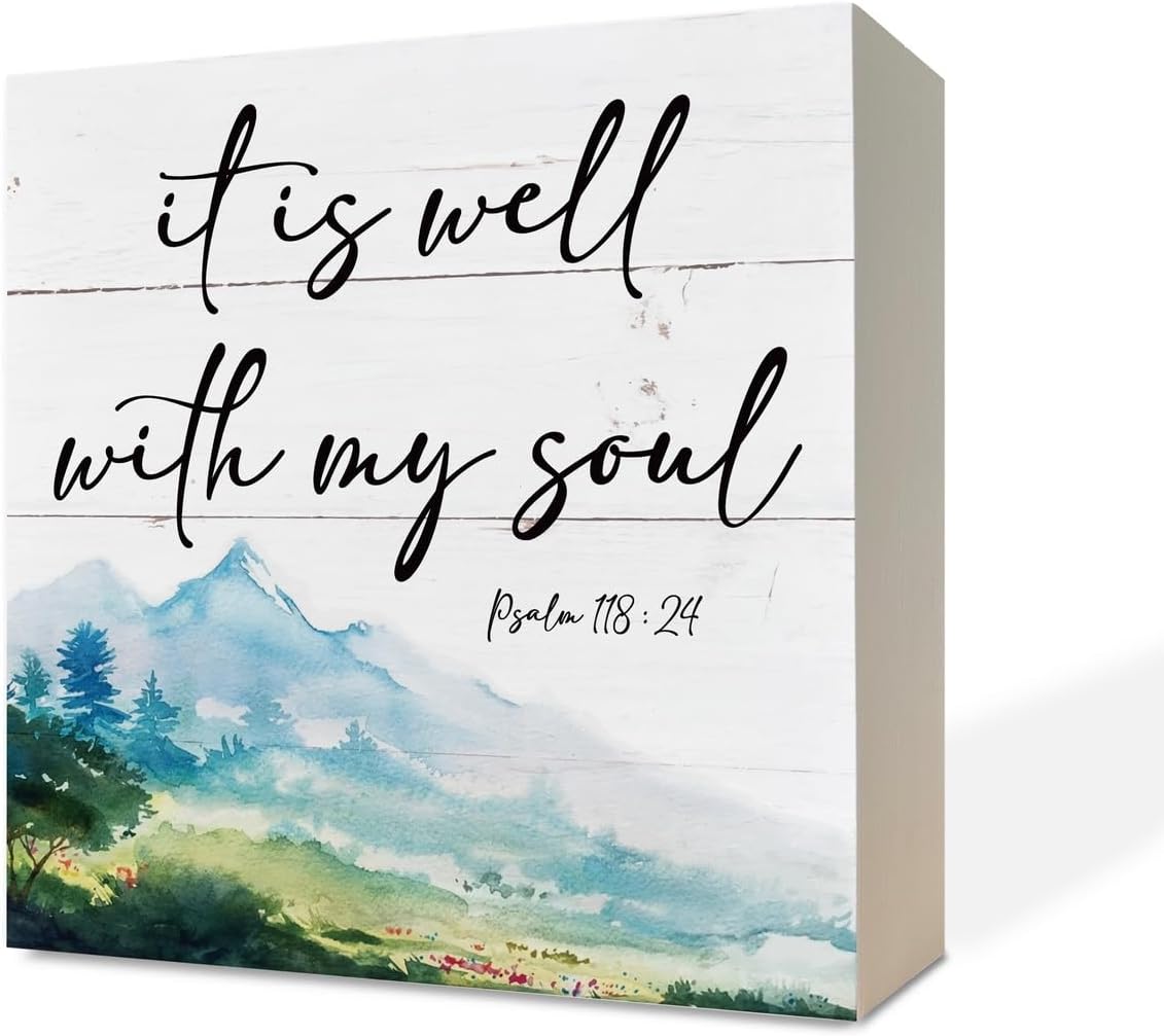 Letrero de madera cristiana  Versículo de la Biblia Salmo 11824  It Is Well With My Soul, placa de bloque estético de paisaje de mesa, decoración