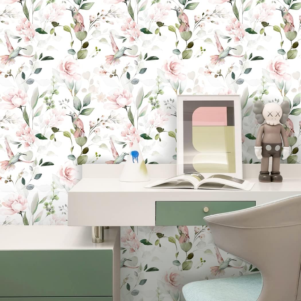 Meihodan Papel tapiz autoadhesivo vintage con peonía rosa, diseño de flores, pájaros, papel tapiz extraíble, para cubrir la pared, cajón de estante