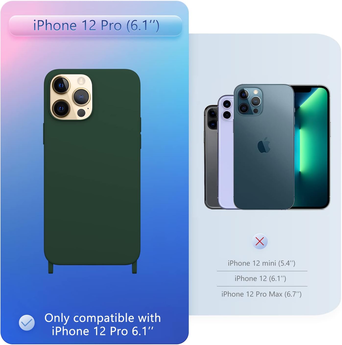 Funda compatible con iPhone 12 Pro con cordón, funda cruzada para iPhone con correa ajustable a prueba de golpes protección contra caídas, funda de