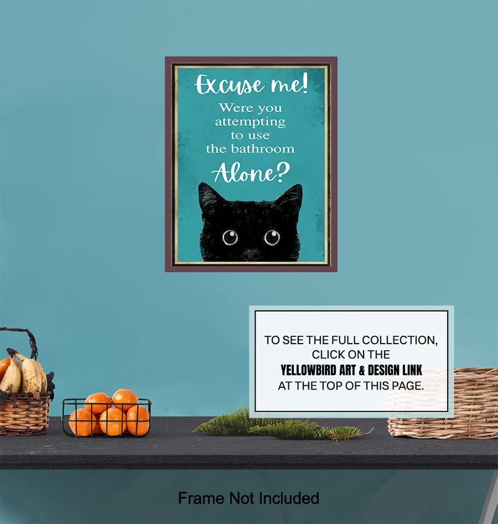 Funny Cat Restroom Sign LARGE 11×14 – Guest Bathroom Decor for Women – Small Bathroom Wall Art – Blue Bathroom Decorations – Unique Powder room