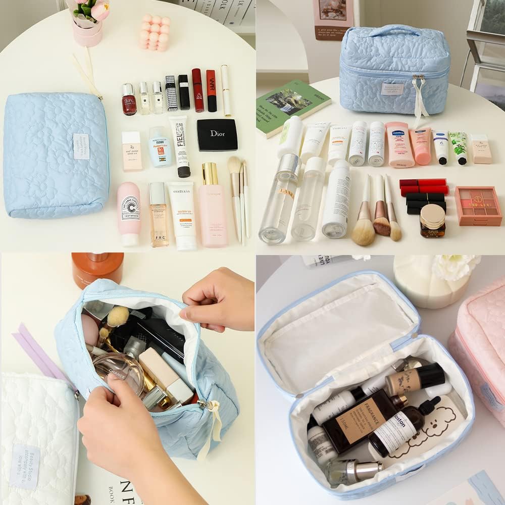 AMULOKRU Bolsa de maquillaje de algodón, bolsa grande de viaje para cosméticos, acolchada, 2 unidades, capacidad espaciosa, bolsa organizadora de