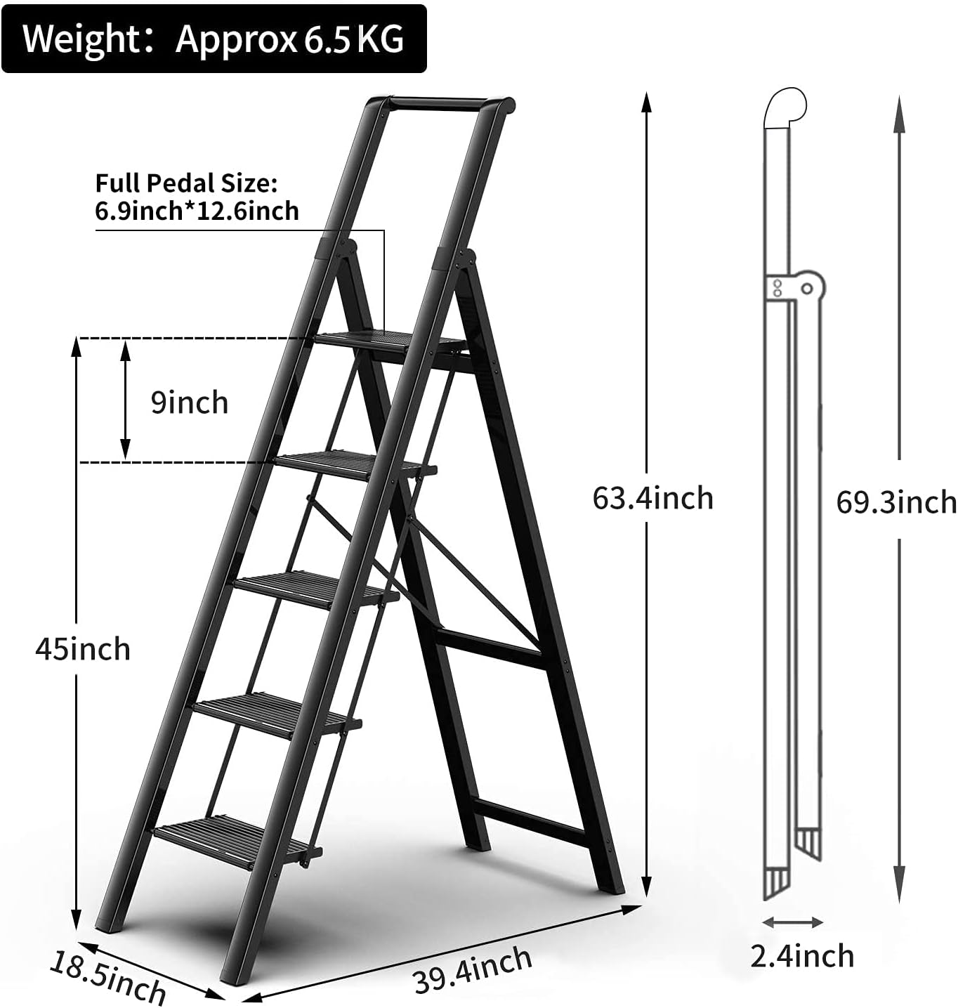 GameGem Escalera plegable de aluminio ligero de 5 escalones con pedal antideslizante y ancho para uso en el hogar y la cocina, ahorro de espacio