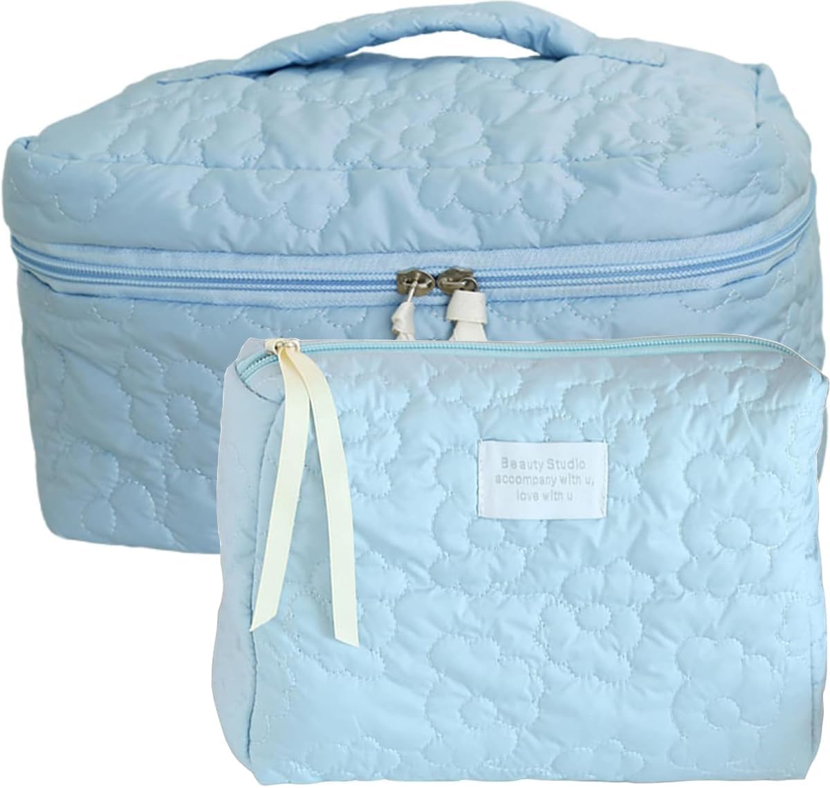 AMULOKRU Bolsa de maquillaje de algodón, bolsa grande de viaje para cosméticos, acolchada, 2 unidades, capacidad espaciosa, bolsa organizadora de