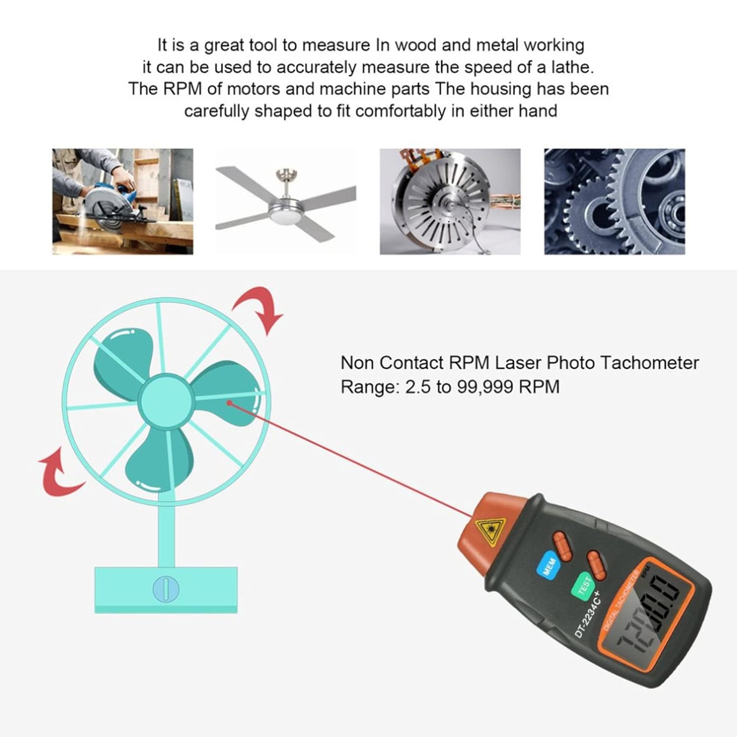 Fydun Digital Tachometer Photo Non Contact Tach Meter Measurement Tool with Data Logging, Data Hold, Max Min AVG for Lathe RPM