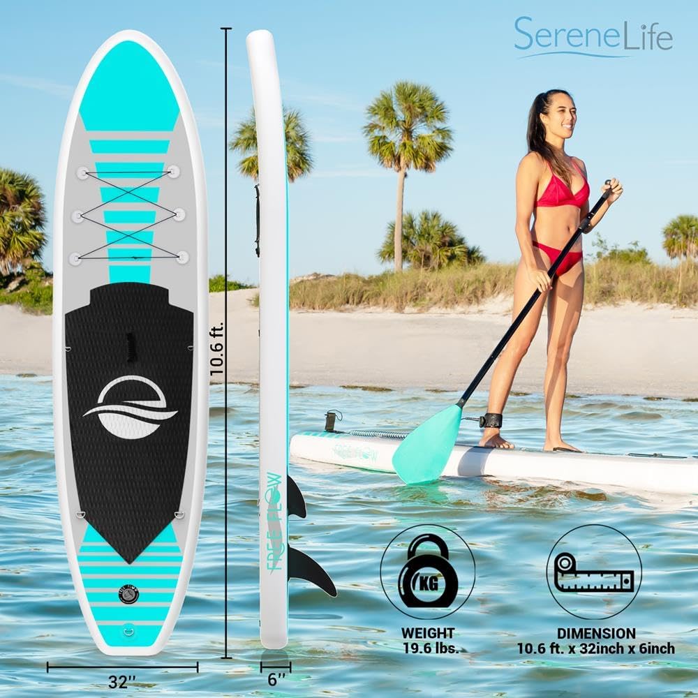 SereneLife Tabla de remo inflable (6 pulgadas de grosor) con accesorios de SUP premium y bolsa de transporte  Posición amplia, aleta inferior para
