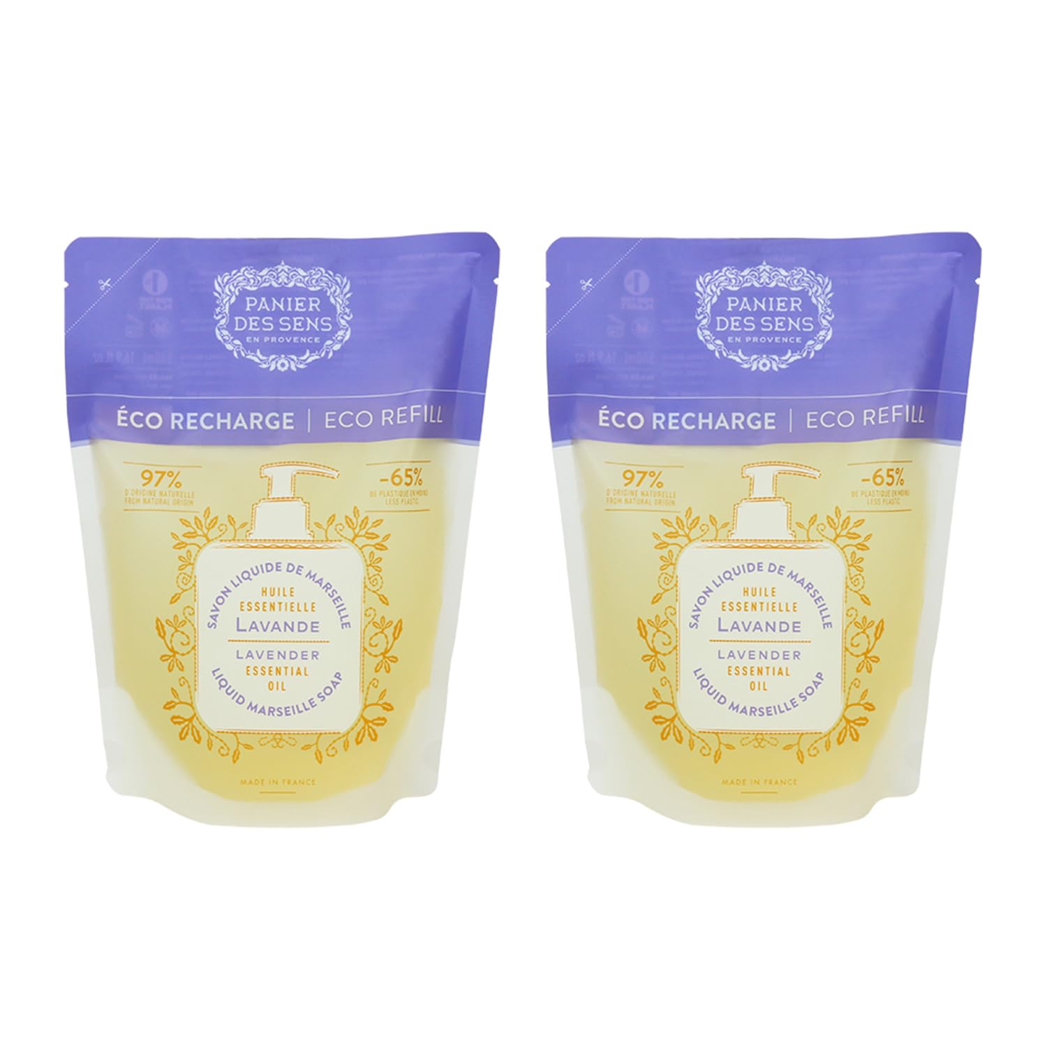 Panier des Sens Repuesto de jabón líquido de manos de lavanda, jabón líquido de Marsella – Hecho en Francia 97% natural – 2 x 16.9 Floz16.9 fl oz