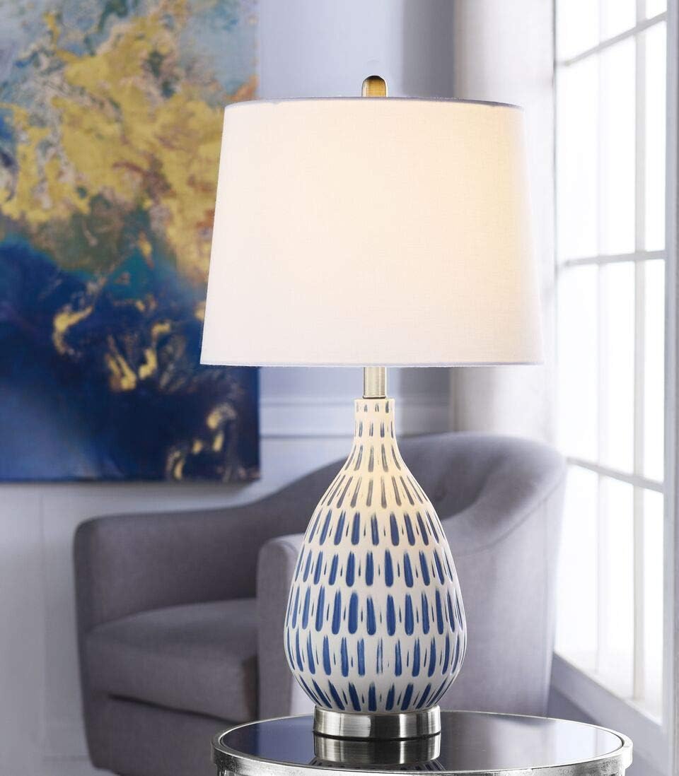 Marissa – Lámpara de mesa, color blanco, acabado azul, pantalla cónica blanca