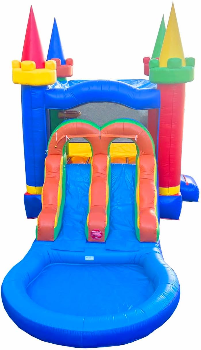 Casa inflable con tobogán para niños, castillo modular de arco iris para patio trasero con piscina de agua, juguetes para niños al aire libre,