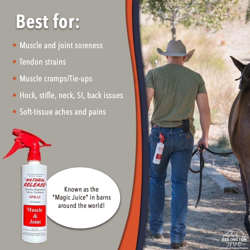 Four Oaks Farm Ventures, Tratamiento en aerosol muscular de liberación natural, linimento de caballo para dolores musculares, dolor en las