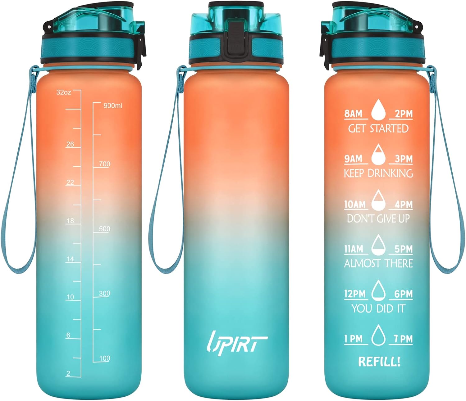 Botellas de agua de 32 onzas, botella de agua motivacional con marcador de tiempo, botella deportiva de Tritan a prueba de fugas con colador de