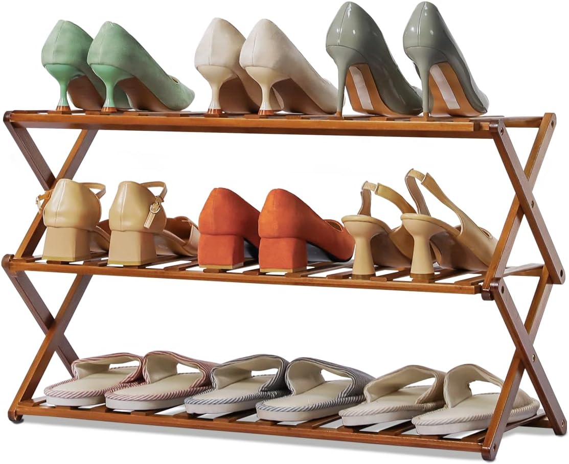 Magshion Organizador de zapatos plegable de bambú, estantes de zapatos apilables con estantes para sala de estar, entrada, oficina, vestíbulo,