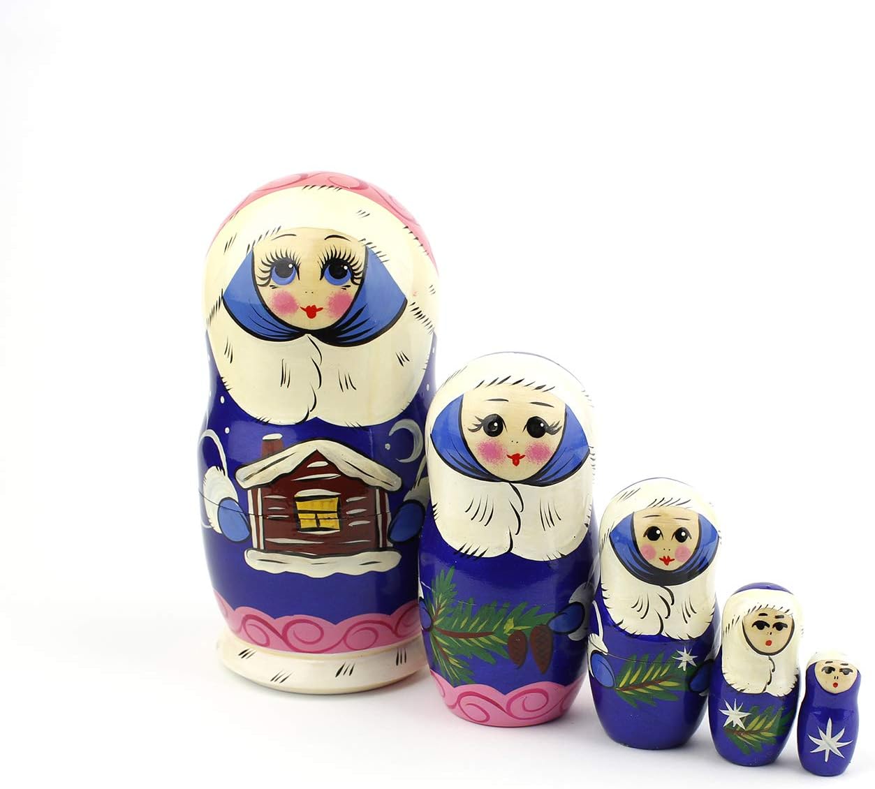 Heka Naturals Snow Maiden Nesting Dolls  All Natural Wooden Matryoshka Doll Set of 5 (7 Inch) – Traditional Babushka Home Decor, Wooden Stacking