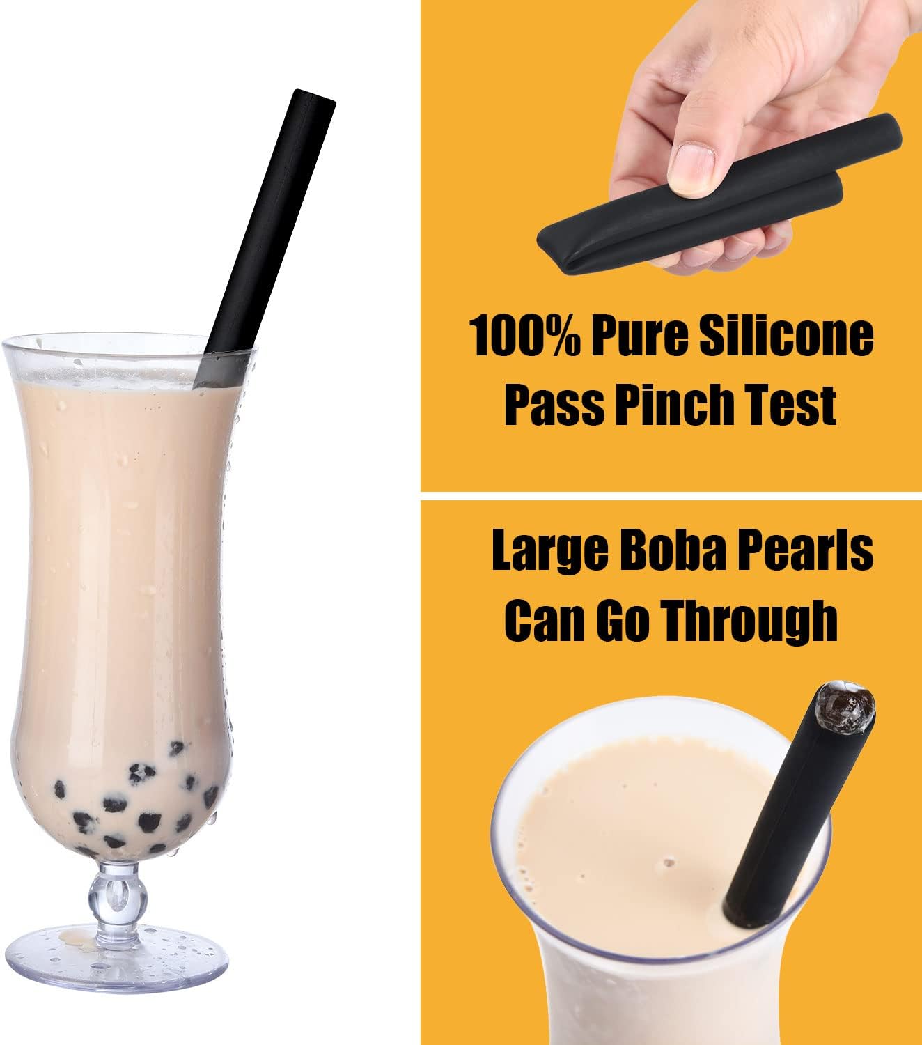ALINK Pajitas Boba reutilizables de silicona negra, paquete de 4 popotes extra anchos para té de burbujas, batidos, perlas de tapioca con cepillo de