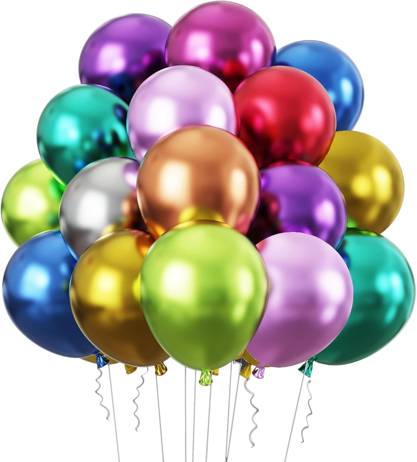 RUBFAC 50 globos metálicos, globos cromados multicolores de 12 pulgadas y cinta, 10 globos de látex gruesos de colores surtidos para cumpleaños,