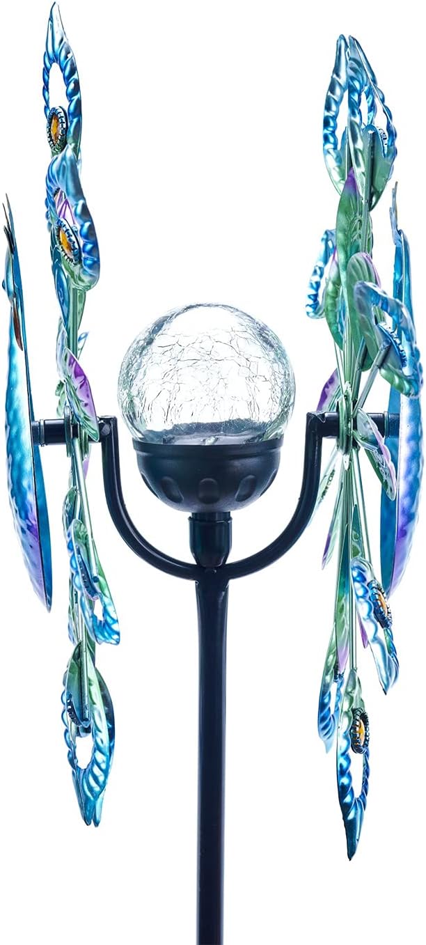 Molinillo de viento para exteriores, escultura de metal con energía solar, 15 pulgadas y 64 pulgadas de altura, cinético pavo real, bola de vidrio