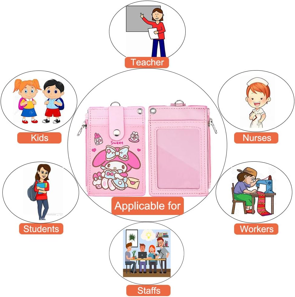 HASFINE Soporte para tarjetas de identificación con cordón, soporte duradero de piel sintética, diseño de conejo de dibujos animados, bolsillo con