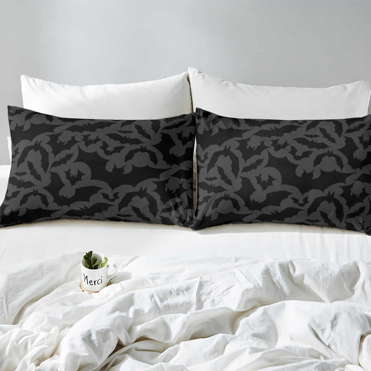 Castle Fairy Juego de ropa de cama con temática de Halloween, tamaño Queen, juego de funda de edredón con estampado de animales de murciélagos