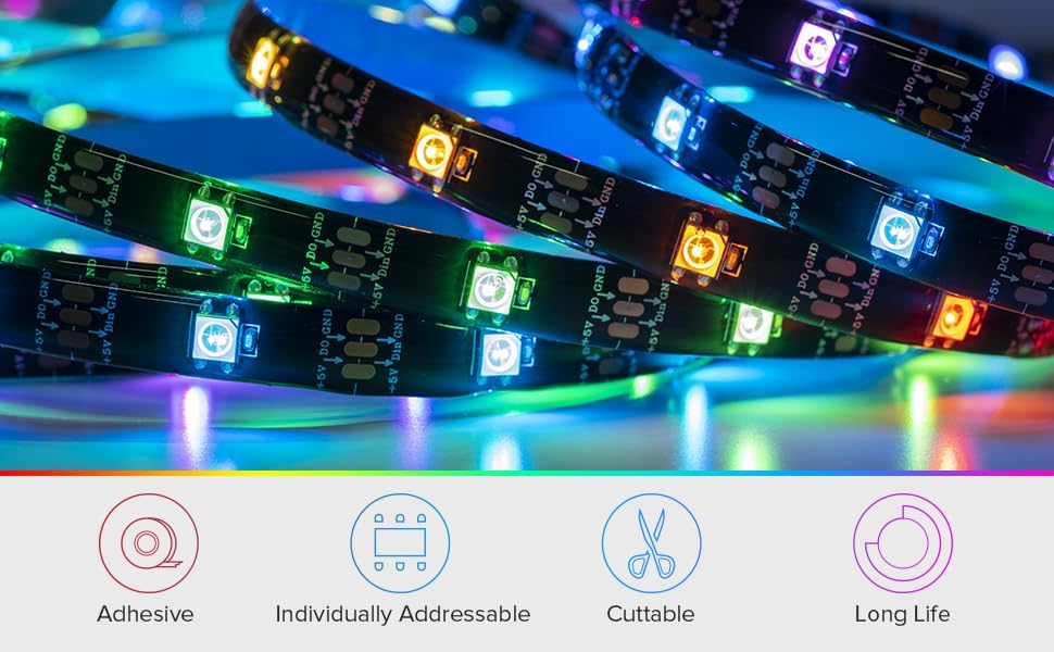 SEZO WS2812B Tira de luz LED 16.4FT 30PixelM 150LEDs DC5V Tira de LED direccionable individual SMD5050 RGB Color de ensueño Tira de luz LED