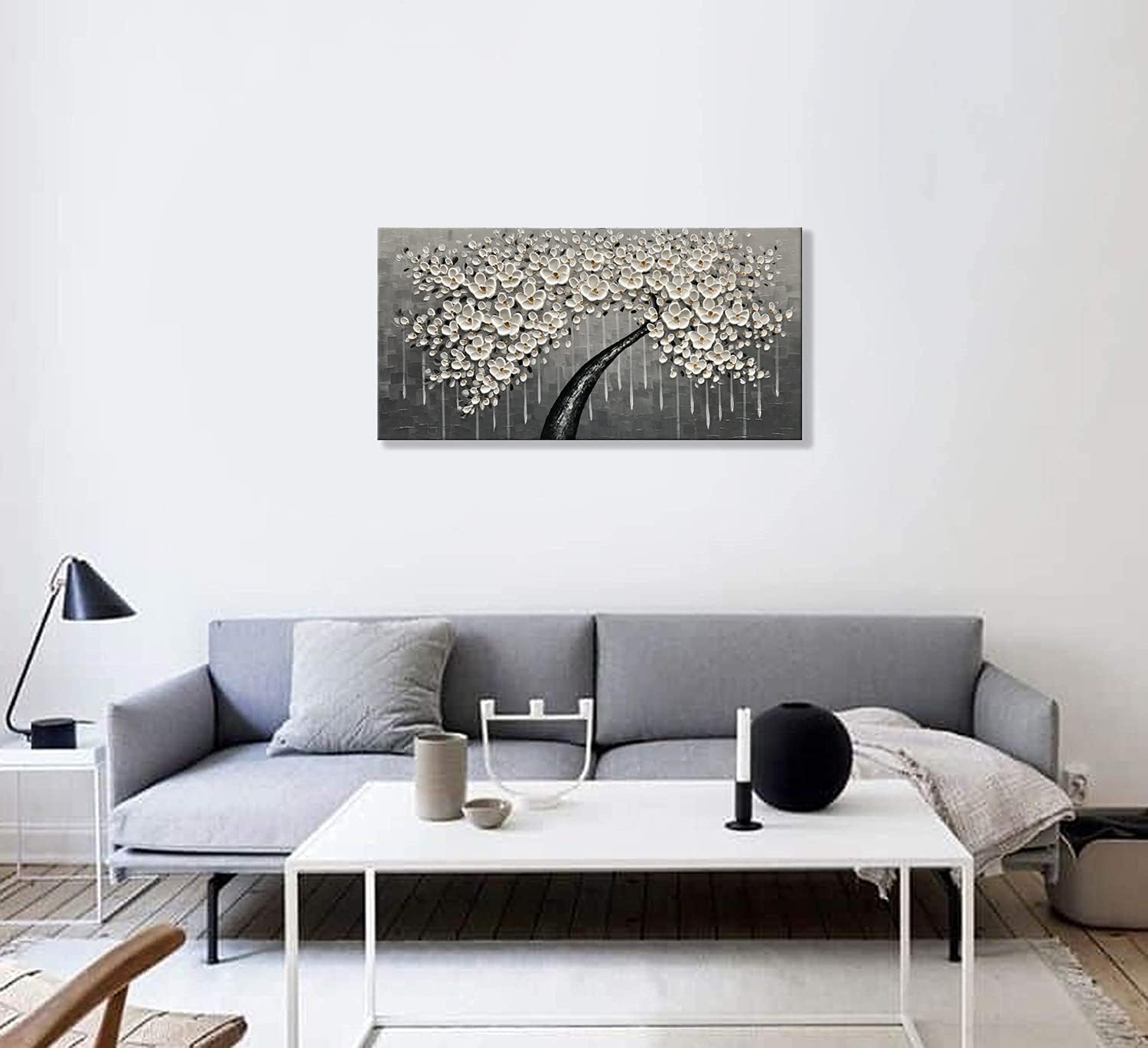 zoinart 100% pintado a mano abstracto moderno lienzo de flores pinturas de pared de 20 x 40 pulgadas, pintura al óleo floral blanca en 3D sobre