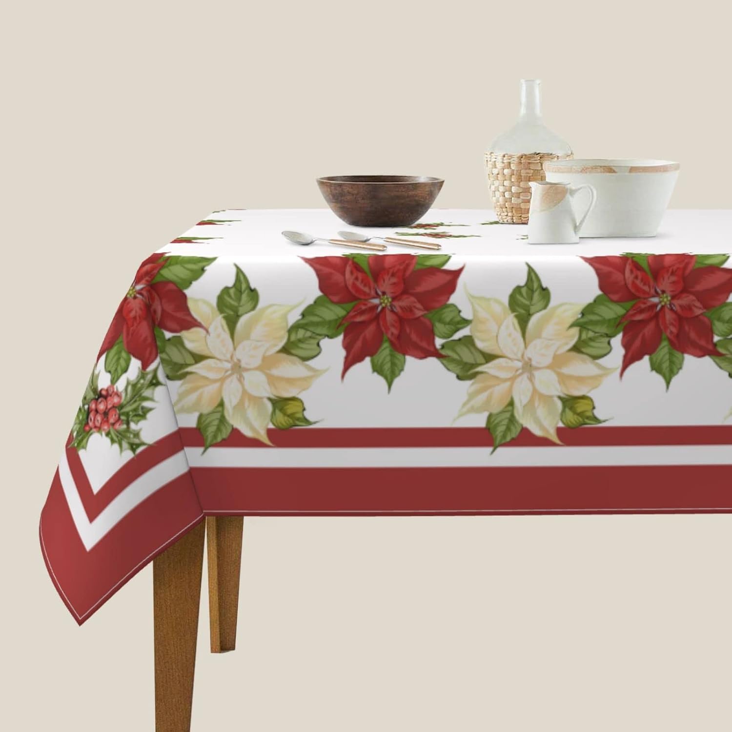 AGAYNA Mantel cuadrado de Navidad de 54 x 54 pulgadas, mantel floral de flor de pascua rojo y blanco, resistente a las manchas, mantel de Navidad