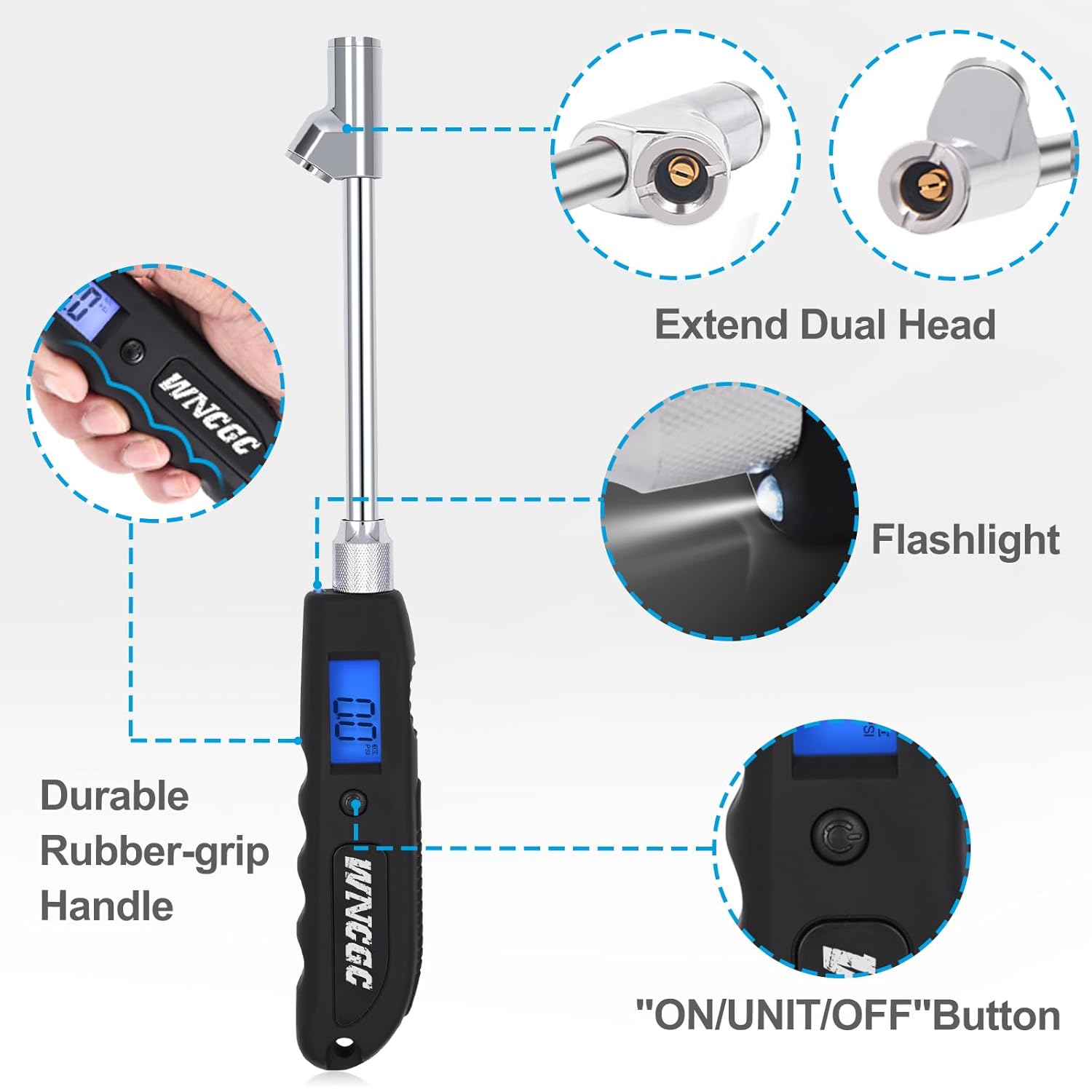 Paquete de 2 medidores digitales de presión de neumáticos, 230 PSI, 4 modelos, resistente de doble cabezal de acero inoxidable, medidor de presión