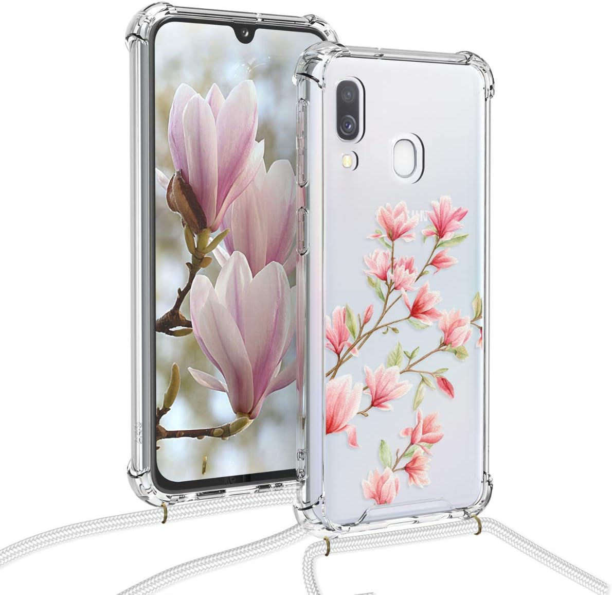 kwmobile Funda cruzada compatible con Samsung Galaxy A40 – Magnolias RosaBlancoTransparente