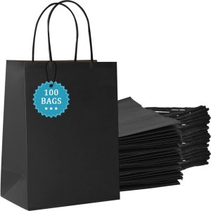 COGLARING 100 bolsas de regalo de 6.3 x 3.2 x 8.3 pulgadas, bolsa de papel kraft negro con asas a granel para recuerdos de comestibles al por menor, COGLARING 100 bolsas de regalo de 6.3 x 3.2 x 8.3 pulgadas, bolsa de papel kraft negro con asas a granel para recuerdos de comestibles al por menor,