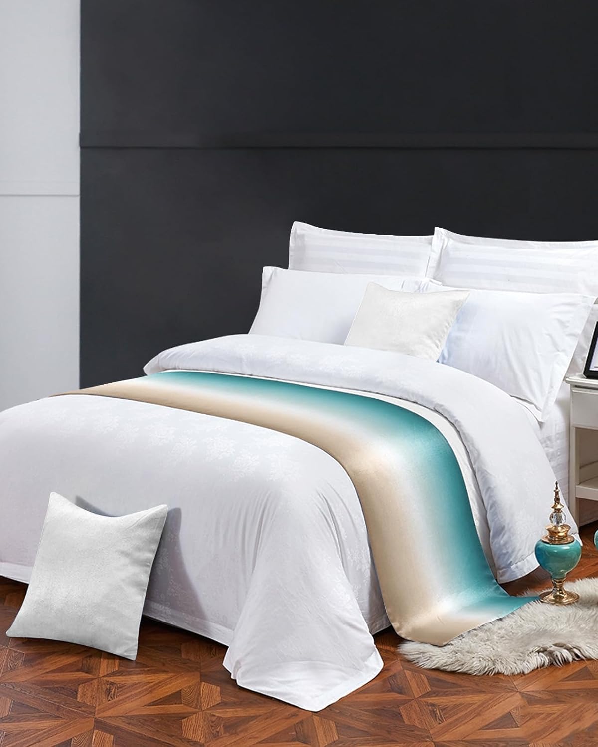 Smile Sunflower Bed Runner Scarf Teal Green Khaki Gradient Bedding Scarf Decorative Bed Runners Cover for Home Bedroom Hotel Wedding Room Bed Scarf