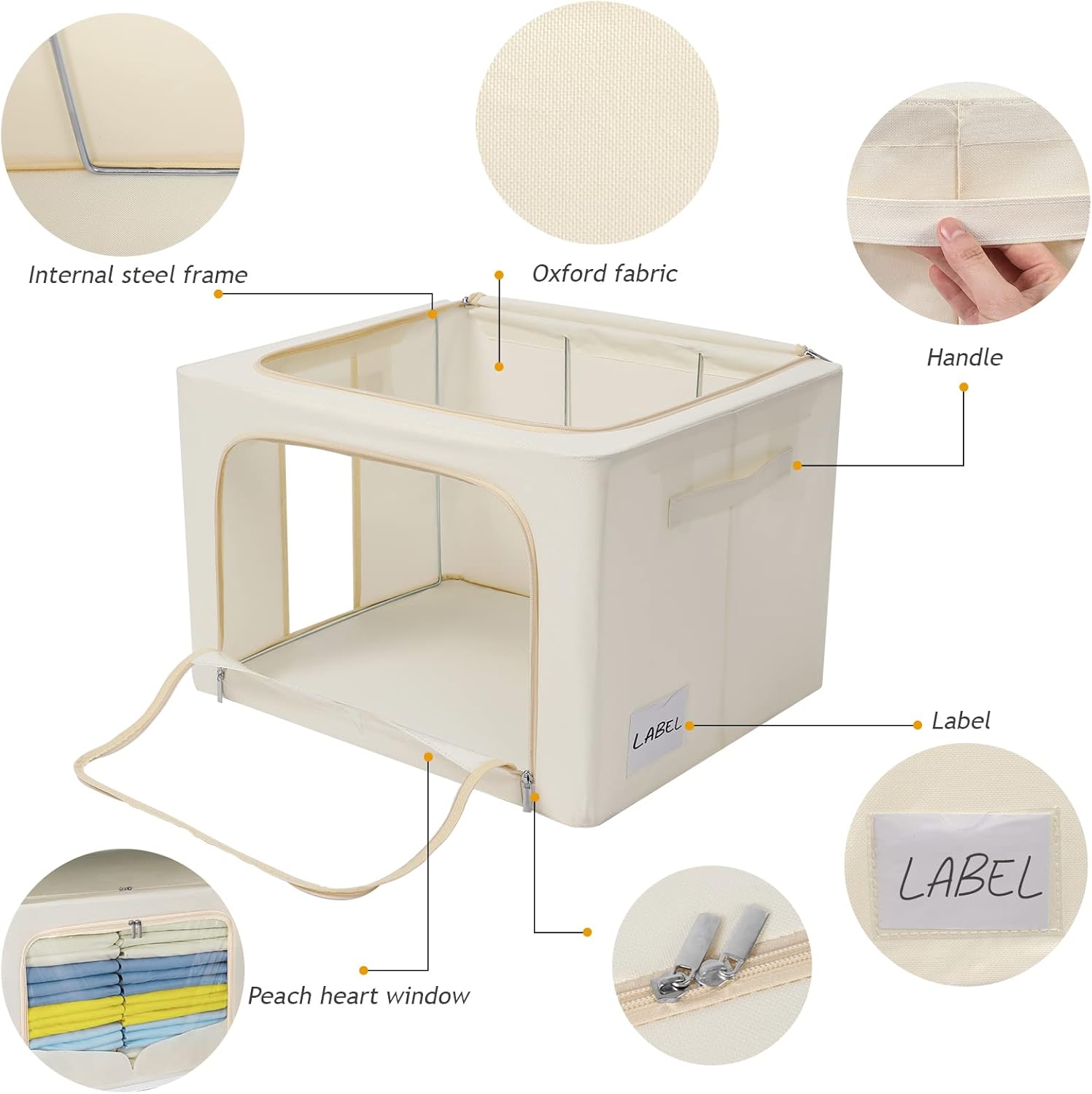 3 contenedores de almacenamiento de ropa con marco de metal, contenedores plegables de tela con tapa, cremalleras de ventana transparentes y asas