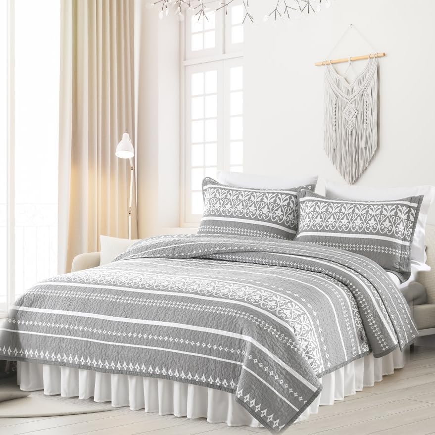 Toldlove Juego de edredón King  Juego de ropa de cama a rayas de estilo bohemio tamaño King, 100% algodón, color gris, bohemio, tamaño King, edredón