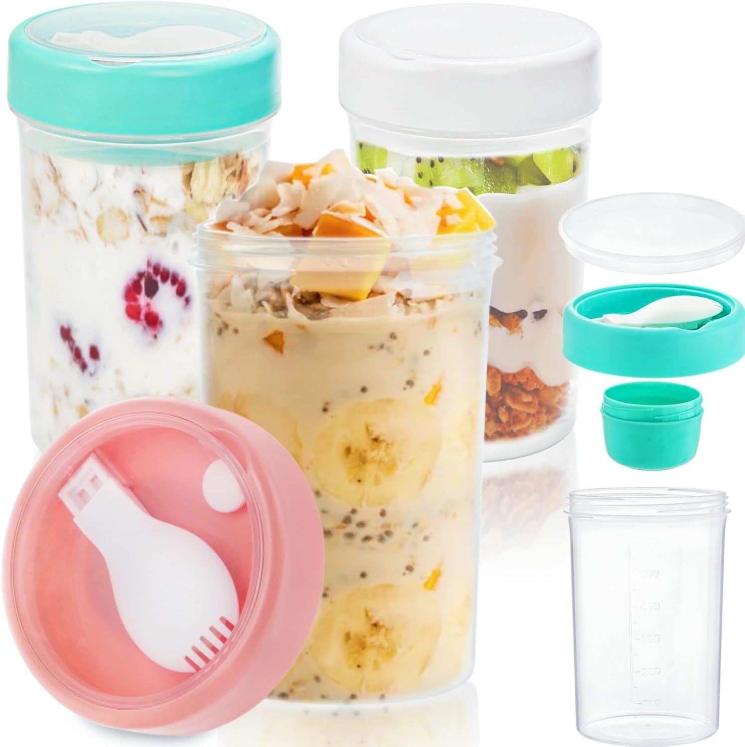 Noamus Paquete de 3 vasos para ensalada, vaso portátil de cereales de 26 onzas con tapas y tenedor, recipiente de yogur para parfait con aderezo