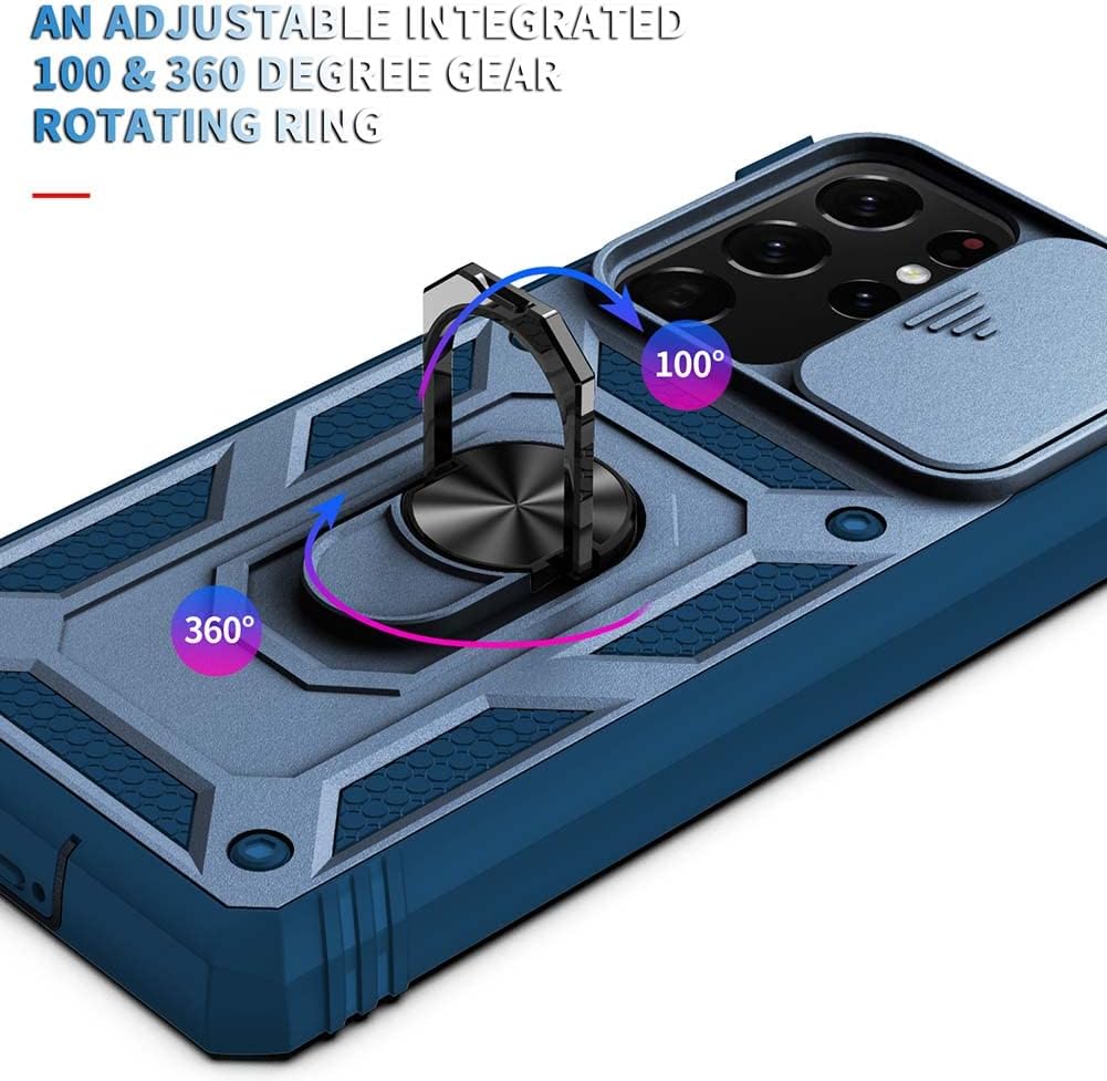 Funda para Samsung Galaxy S21 Ultra con cubierta deslizante para cámara y ranura para tarjeta y soporte de anillo, a prueba de golpes, grado