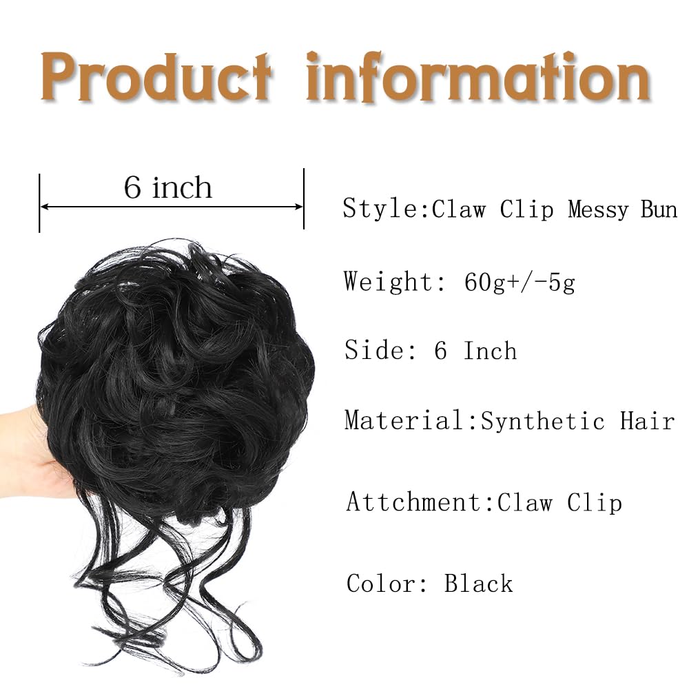 AFNOTE Moño desordenado, pinza de garra, moño despeinado, extensiones de moño sintético rizado para mujer (negro)