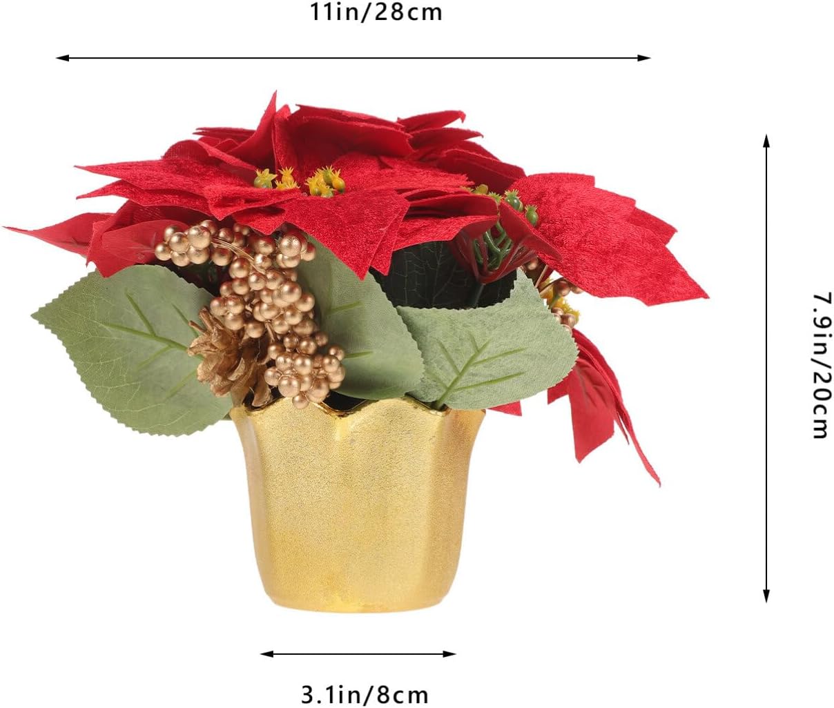 VILLCASE Planta de Pascua roja de Navidad en maceta, flores de Pascua artificiales en jarrón, bayas de pino, decoración de bandeja escalonada de