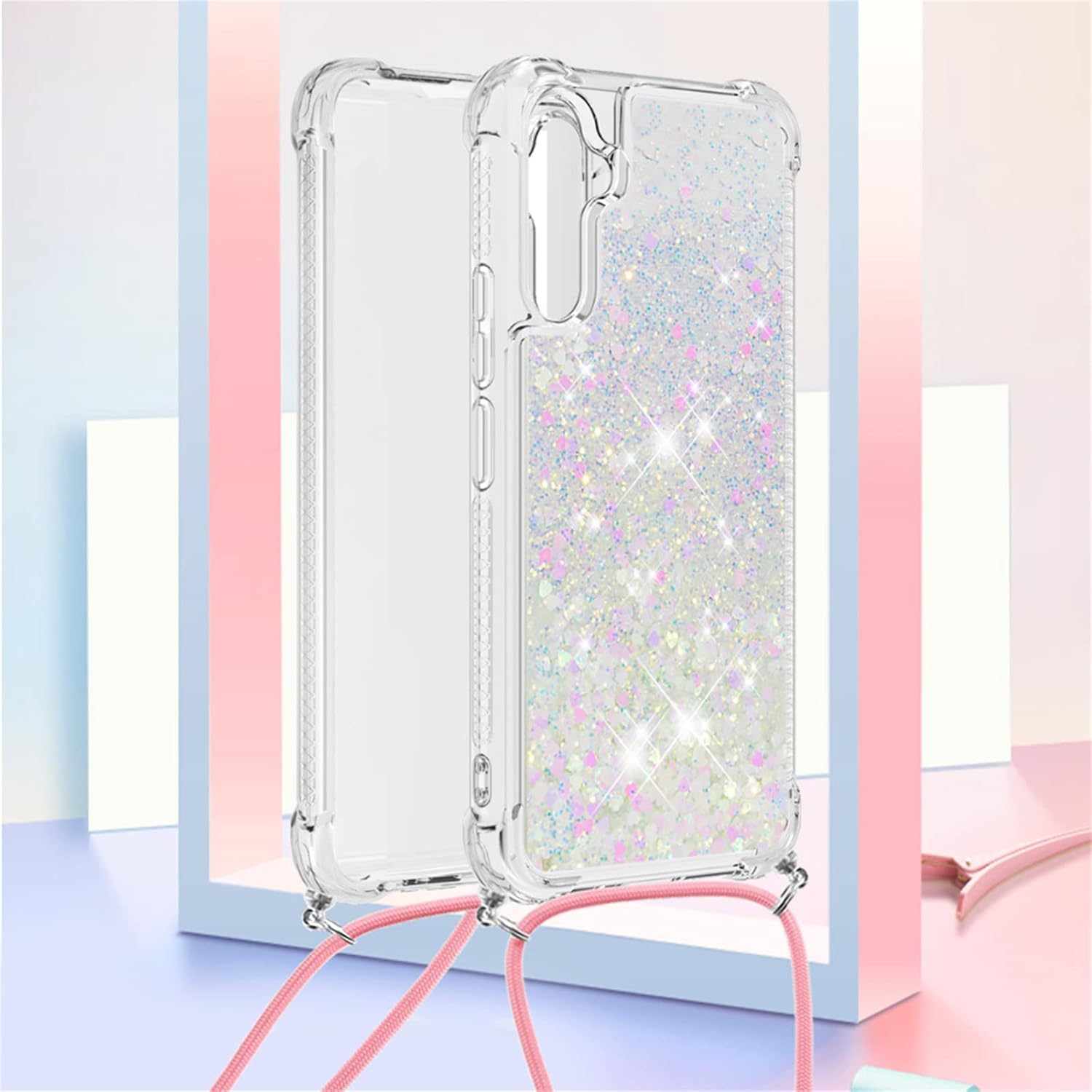 Funda para teléfono compatible con Samsung Galaxy A34 5G, silicona TPU suave transparente con purpurina de arena movediza líquida con cordón