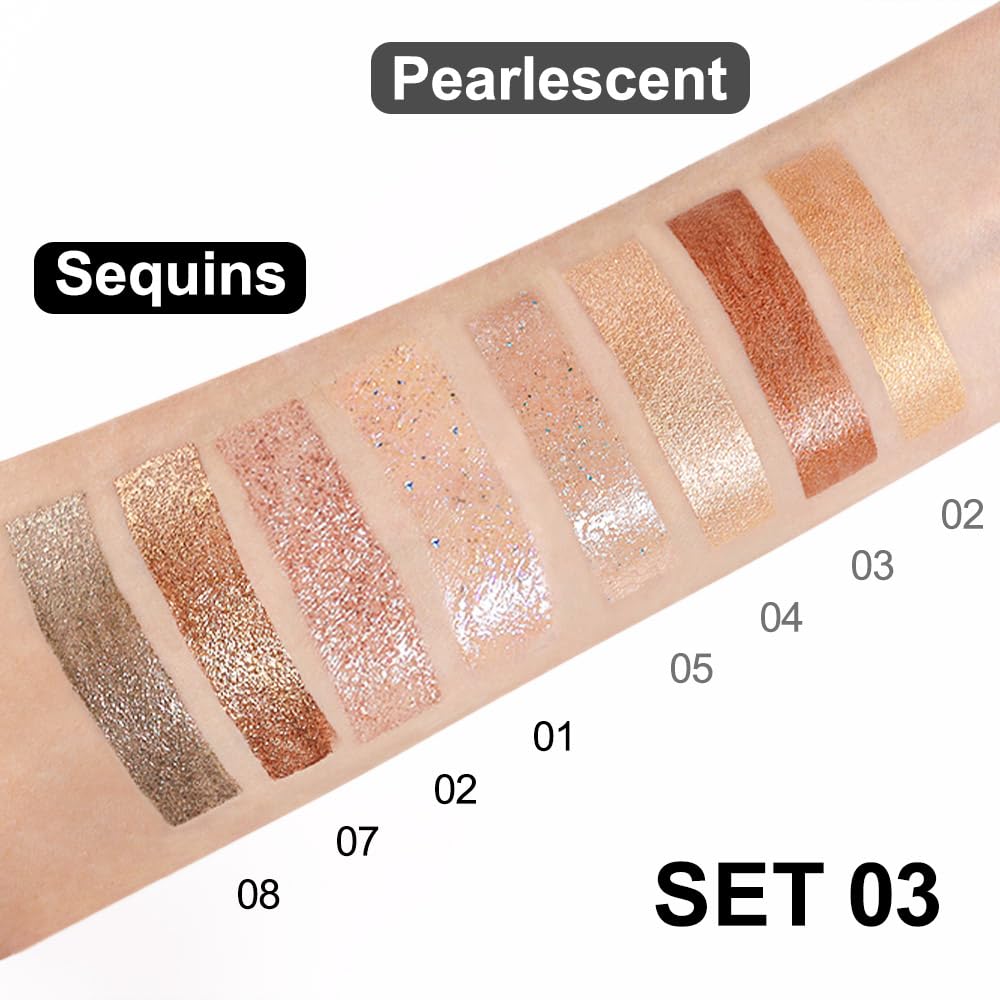 evpct Juego de 8 sombras de ojos líquidas con brillantina, blanco perla, plata, luz oscura, rosa, desierto, moca, beige, marrón, dorado, brillante,