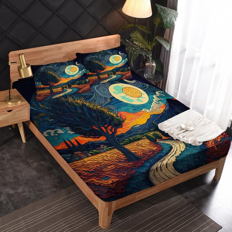 zcsm Sábanas abstractas tamaño Queen  Sábanas de cama de cielo estrellado de 4 piezas y bolsillo profundo de 16 pulgadas, sábanas de microfibra