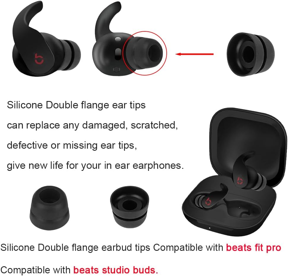 Puntas de repuesto para auriculares de doble brida compatibles con Beats Fit Pro Ear Tips Tapones de silicona Tapón para los oídos Negro 6 pares S M
