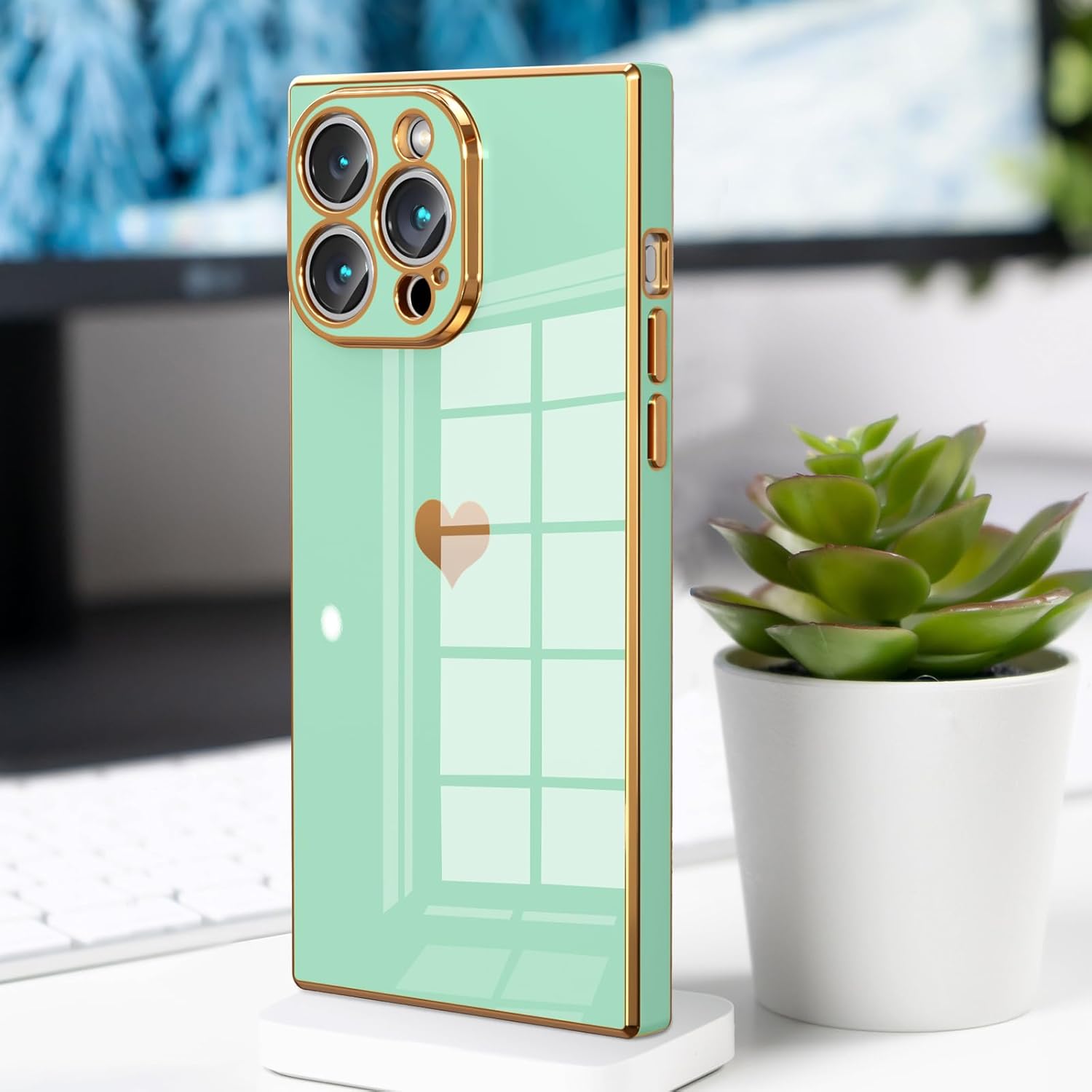Tzomsze Compatible con iPhone 13 Pro Max, funda cuadrada de lujo con borde chapado de lujo, protección completa de la lente y esquinas reforzadas a