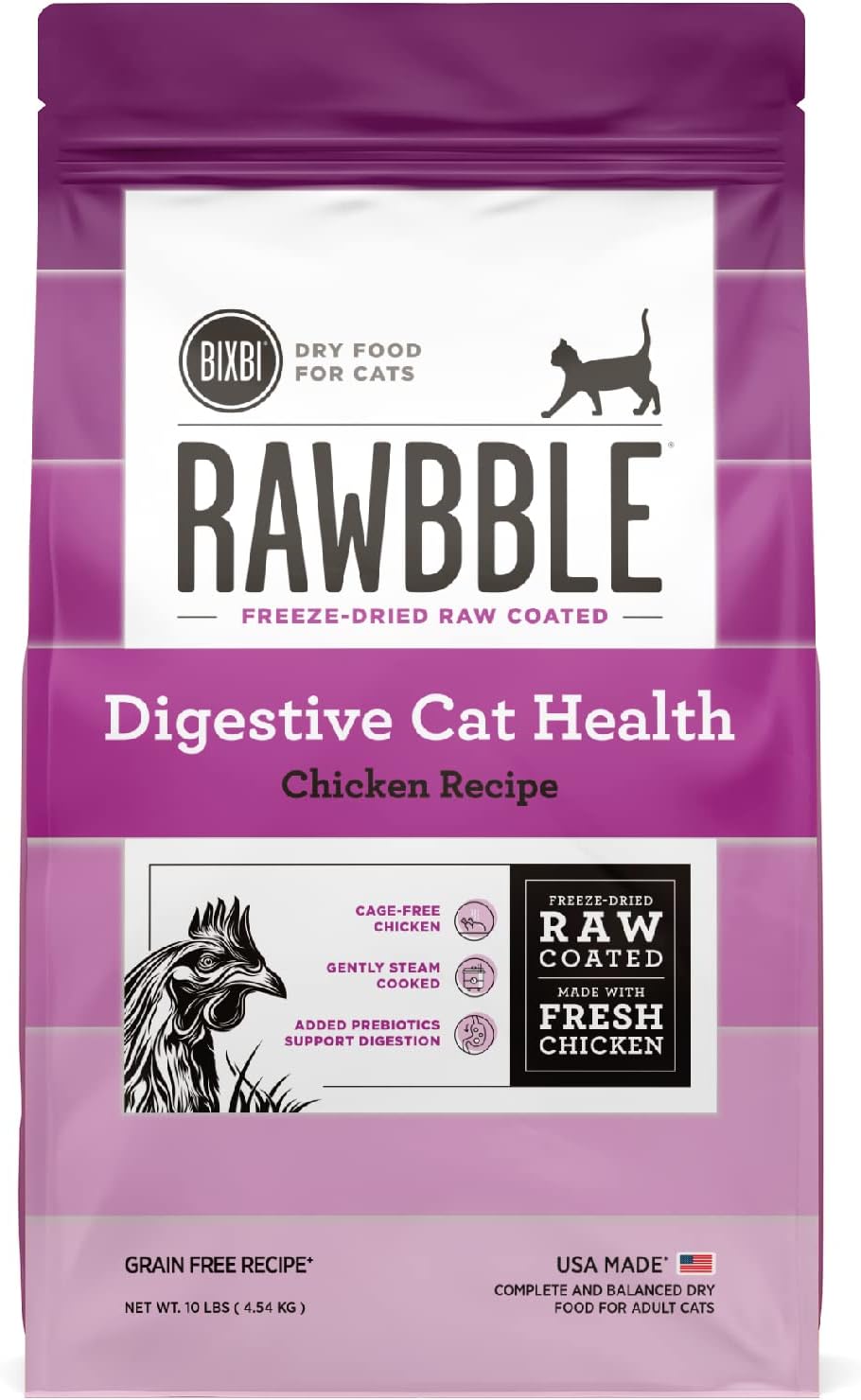 BIXBI Rawbble Dry Food Receta de salud digestiva de pollo para gatos, 10 libras