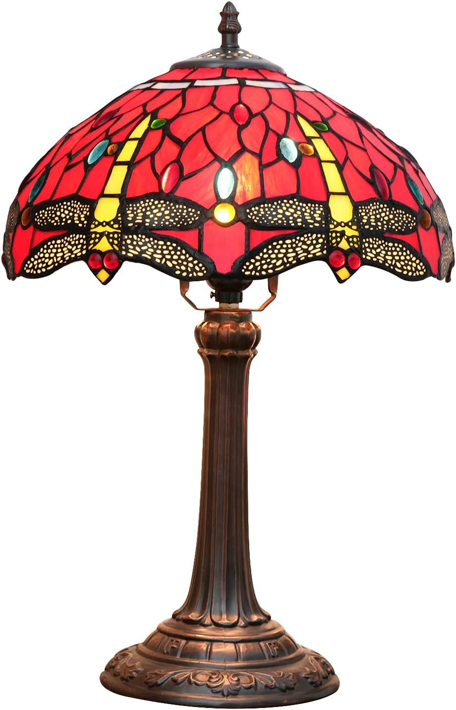Tiffany Lámpara de mesa con libélula roja, 12 x 12 x 18 pulgadas, estilo libélula roja, luz de lectura, decoración al lado del dormitorio, sala de