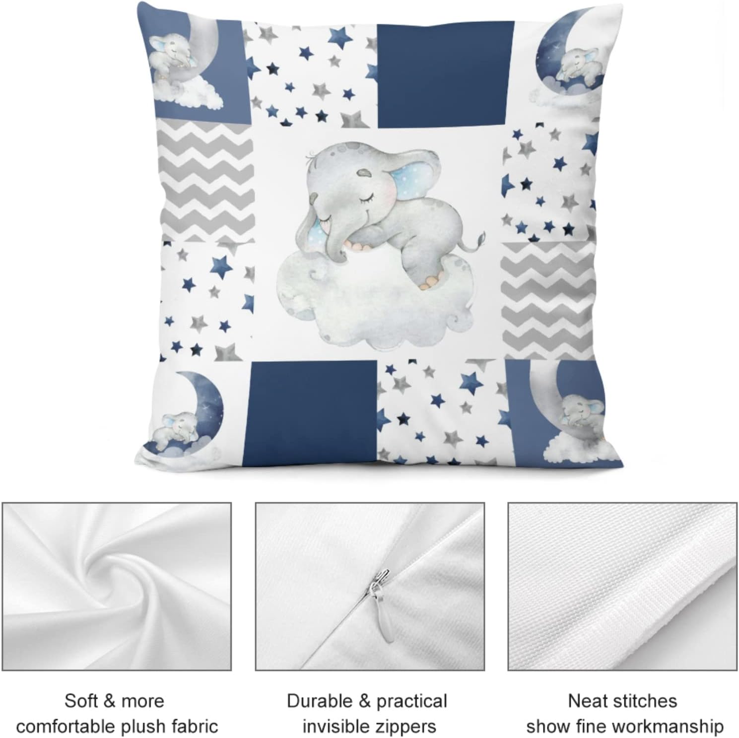 Funda de almohada decorativa de elefante dormido para bebé, diseño de elefante dormido, con frase “Dream Big Little One You Are So Loved”,